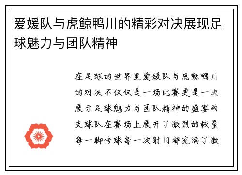 爱媛队与虎鲸鸭川的精彩对决展现足球魅力与团队精神